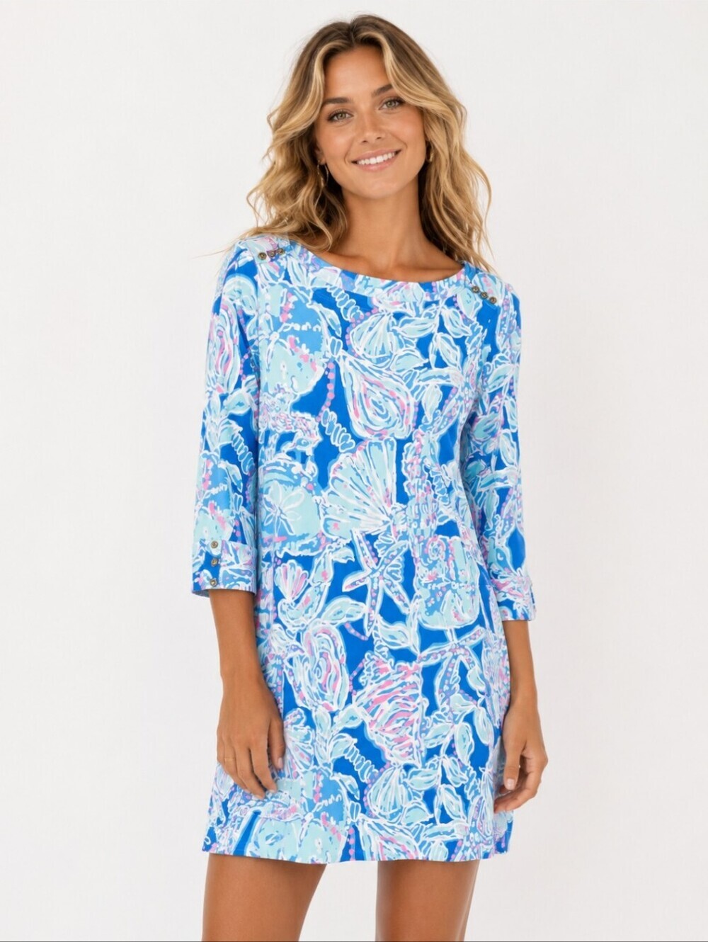 Lilly Pulitzer Sophie Dress In To The Deep Seashell Blue Pink Gold Buttons Small